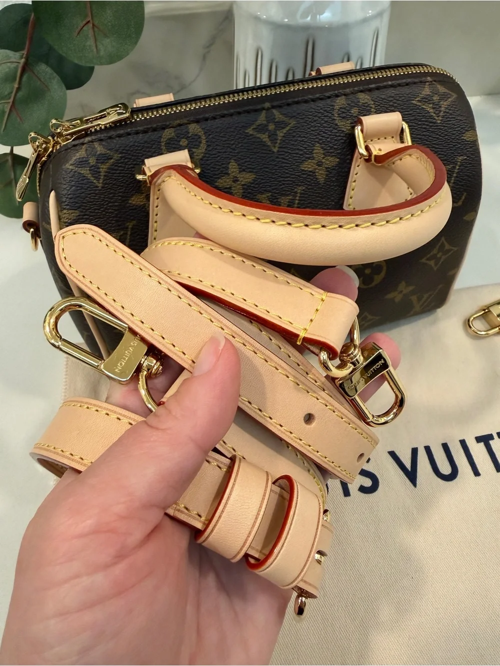 New! Louis Vuitton Speedy 20 Monogram Canvas with LV Adjustable Vachetta Strap